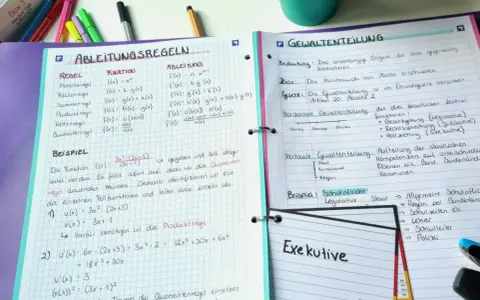 Ein Spickzettel mit Mathe-Formeln zur Ableitung und zum Thema Gewaltenteilung.