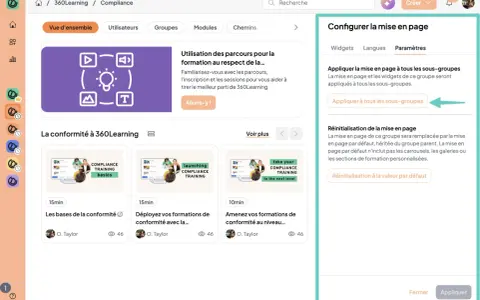 Interface de configuration de la mise en page pour une meilleure organisation des formations. Bouton "Appliquer à tous les sous-groupes" visible.