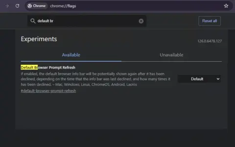 Ekran Chrome://flags z wyszukiwaną frazą "default br" i opcją "Default Browser Prompt Refresh".