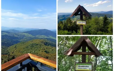 Beskid Wyspowy atrakcje: widok na góry, tabliczki szlaków na Luboń Wielki (1022 m) i Grodzisko (618 m).