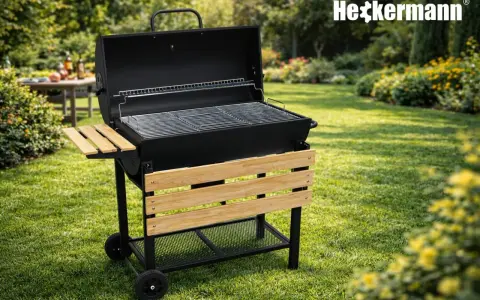 Nowy grill Heckermann czeka na rozpalenie. Wystarczy kilka prostych kroków, by cieszyć się smakiem potraw z rusztu w ogrodzie.