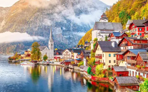 Scenic Hallstatt, Austria, a picturesque village nestled by a lake, perfect for a train journey from Prague.