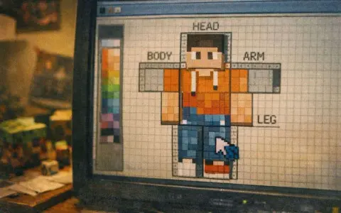 Tworzenie własnych skinów do MC na ekranie komputera. Widoczny edytor z postacią w kratkę, paletą kolorów i etykietami: HEAD, BODY, ARM, LEG.
