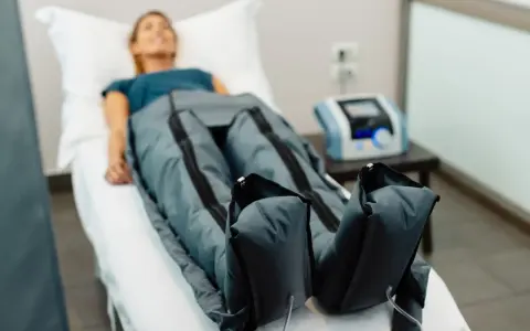 Kobieta leży na łóżku, jej nogi są w specjalnych mankietach. To presoterapia, zabieg poprawiający krążenie i redukujący obrzęki.