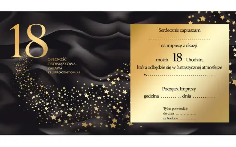 Eleganckie zaproszenie na 18 urodziny. Złota liczba 18 i gwiazdki na czarnym tle. Tekst: "Serdecznie zapraszam na imprezę z okazji moich 18 Urodzin...".
