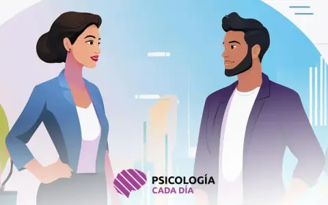 Dos personas conversan, fomentando la comunicación abierta. Un cerebro estilizado y el texto "Psicología Cada Día" sugieren un enfoque en el bienestar mental.