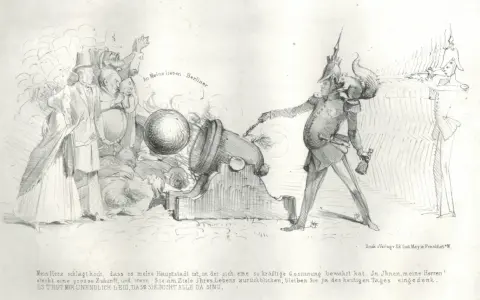 Karikatur zur Revolution 1848: Ein Soldat zündet eine Kanone, während Berliner fliehen.