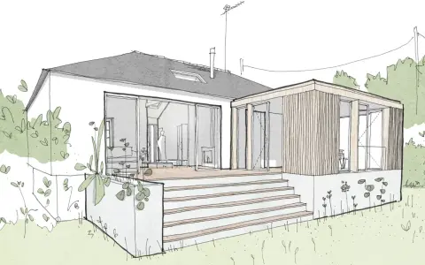 Croquis d'une extension de maison moderne avec terrasse en bois. Estimation du prix extension maison 20m2.