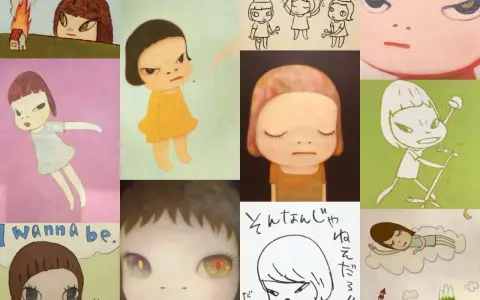 Collage of iconic works by Nara artist, featuring children with expressive eyes, some smoking, others dreaming, and one with a house on fire.
