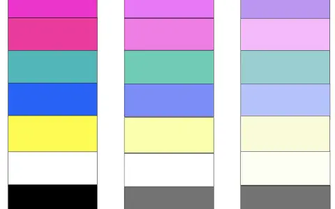 Drei Farbpaletten: Pink, Türkis, Blau, Gelb, Weiß, Schwarz; Pink, Mint, Lavendel, Hellgelb, Weiß, Grau; Hellviolett, Rosa, Hellblau, Lavendel, Cremeweiß, Grau. Wem steht grau?