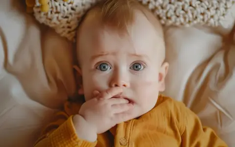 Maluch z niebieskimi oczami wkłada rączkę do buzi, być może przez ząbkowanie. Jak pomóc dziecku w tym trudnym okresie?