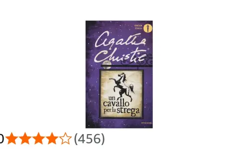 Copertina del libro "Un cavallo per la strega" di Agatha Christie, con un cavallo nero su sfondo viola stellato.