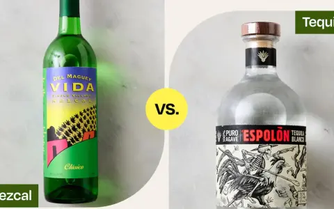 Grüne Flasche Mezcal "Vida" neben klarer Flasche Tequila "Espolón". Ein visueller Vergleich zwischen Mezcal vs Tequila.