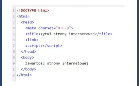 Fragment kodu HTML z podstawową strukturą strony: doctype, html, head (z meta, title, link, script) i body. To prosty komentarz do kodu.
