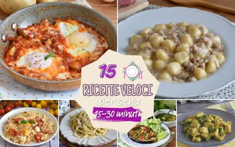 Collage di piatti invitanti, tra cui uova in purgatorio e gnocchi, che celebrano la pasta veloce per una cena in 15-30 minuti.