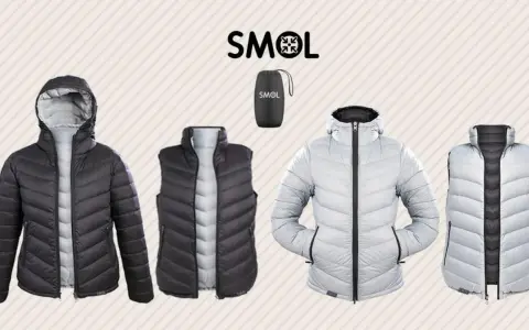 Dwustronne kurtki i kamizelki puchowe SMOL w kolorach czarnym i jasnoszarym.