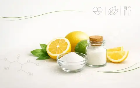 Cytryny, limonka i biały proszek w słoiku. Czy kwasek cytrynowy jest zdrowy? Ikony serca, liścia i sztućców sugerują zdrowie i dietę.