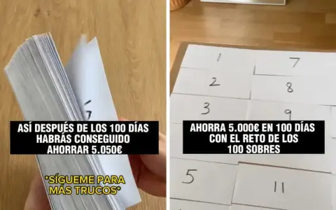 Reto de 100 sobres para saber como ahorrar dinero si gano poco. Muestra un montón de sobres numerados y un bloc de notas.