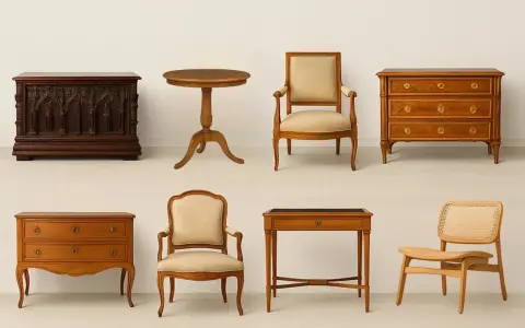 Mobilier d'époque Empire : commode sculptée, table ronde, fauteuils Louis XVI, commode marquetée, table de jeu et chaise cannage.