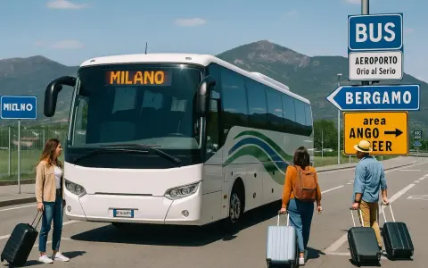 Autobus z napisem MILANO czeka na pasażerów. Dwie osoby z walizkami kierują się w stronę pojazdu, gotowe na podróż.