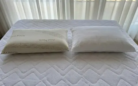 Dos almohadas sobre un colchón: una de fibra con Aloe Vera y otra viscoelástica. ¿Qué es mejor almohada de fibra o viscoelástica?