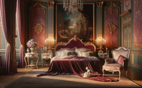 Chambre opulente, drapée de velours rouge, avec un tableau rappelant Fragonard Le Verrou. Une poupée de porcelaine repose sur la couverture.