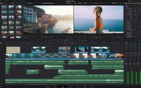 Darmowy program do montowania filmów, gdzie tworzysz wakacyjne wideo. Widok edycji z klipami wideo i ścieżkami audio.