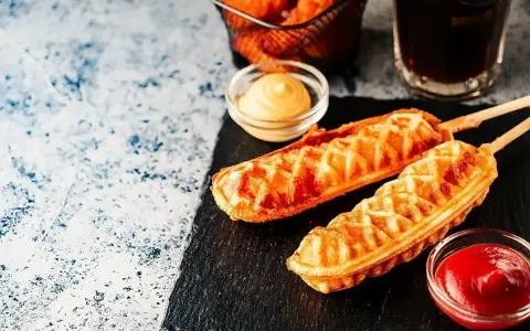 Pyszny corn dog przepis na patyku, podany z ketchupem i musztardą. Idealna przekąska!