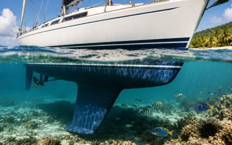 Vue sous-marine d'un voilier de 6m, avec sa quille et son hélice. Le prix antifouling bateau 6m est une préoccupation pour maintenir cette coque propre. Poissons et coraux dans les eaux claires.