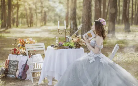 Romantyczna ceremonia ślubna w lesie. Panna młoda w pięknej sukni czyta książkę przy stole zastawionym owocami i szampanem.