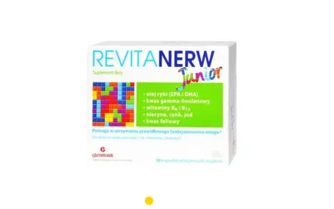 Opakowanie suplementu diety Revitanerw Junior, zawierające olej rybi, witaminy i minerały, wspiera prawidłowe funkcjonowanie mózgu.