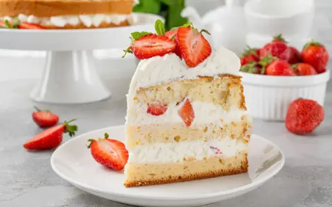 Puszysty biszkopt przełożony kremową masą z mascarpone i kawałkami truskawek, udekorowany świeżymi owocami.