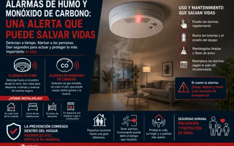 Infografía sobre tipos de detectores de humo y monóxido de carbono, su instalación y mantenimiento para salvar vidas.