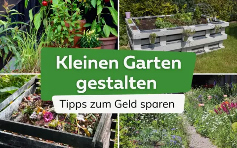 Tipps, wie man einen kleinen Garten gestalten kann, mit Bildern von Pflanzen, Hochbeet, Kompost und Blumen.