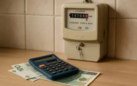Kalkulator i licznik energii elektrycznej obok banknotów. Obrazek pomaga zrozumieć, jak przeliczyć kw na kwh.