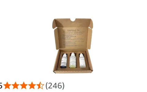 Kit pour analyse dureté de l'eau avec trois flacons de réactifs. Instructions pour le contrôle de la dureté de l'eau.