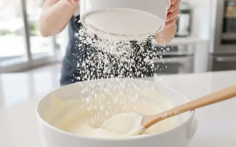 Une main saupoudre du glacage sucre glace sur une préparation crémeuse dans un bol blanc, avec une cuillère en bois.