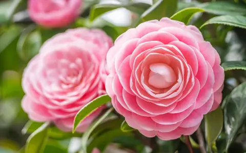 Deux camélias japonais roses éclosent, leurs pétales délicats formant des spirales parfaites.