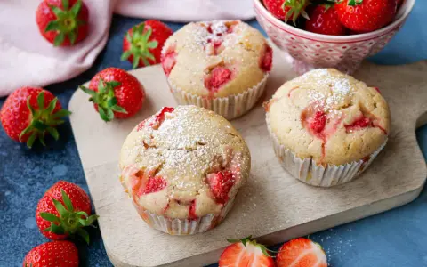 Saftige Erdbeer Muffins, bestäubt mit Puderzucker, liegen auf einem Holzbrett, umgeben von frischen Erdbeeren.