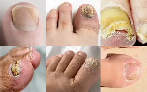 Gros plans de plusieurs orteils montrant différents stades de mycose de l'ongle, avec des ongles jaunis, épaissis et déformés.
