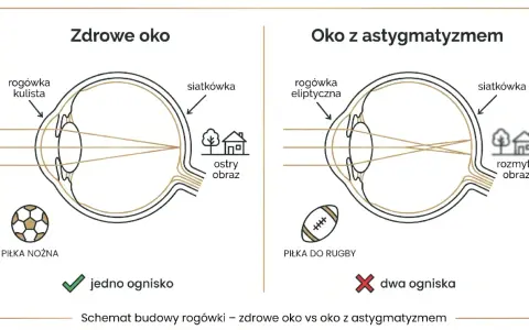 Zdrowe oko skupia światło na siatkówce, dając ostry obraz. Oko z astygmatyzmem ma eliptyczną rogówkę, co powoduje dwa ogniska i rozmyty obraz.