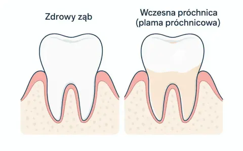 Zdrowy ząb obok zęba z wczesną próchnicą, czyli plamą próchnicową. Dentysta widzi różnicę w kolorze i strukturze szkliwa.