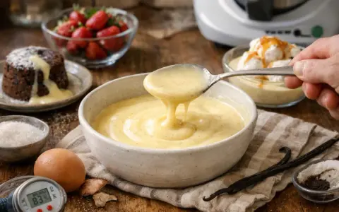Une cuillère de sauce à la vanille onctueuse, parfaite pour une recette sauce creme. Des fraises, un gâteau au chocolat et des ingrédients de pâtisserie sont disposés autour.
