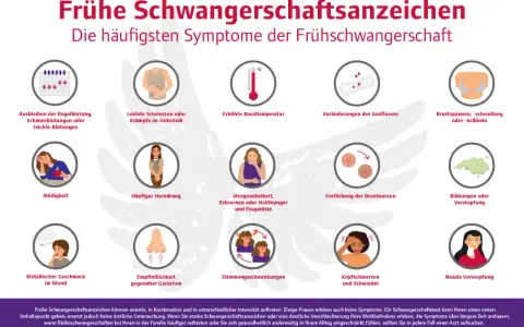 Frühe Schwangerschaftssymptome ab wann? Die Grafik zeigt häufige Anzeichen wie ausbleibende Periode, Müdigkeit, Übelkeit, Brustveränderungen und Stimmungsschwankungen.