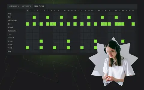 Kobieta w słuchawkach tworzy muzykę EDM na komputerze, programując rytm w edytorze perkusyjnym.