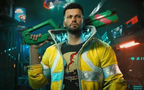 Mężczyzna w żółtej kurtce z bronią w stylu cyberpunk Orion.