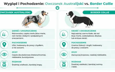 Australijski pies o umaszczeniu merle, z USA, często ma dwukolorowe oczy. Border Collie czarno-biały, z pogranicza Szkocji i Anglii.