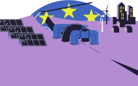 Europäische Union: Solarpanels, Windräder und ein Rohrleitungssystem symbolisieren die aktuelle Stromerzeugung in Europa.