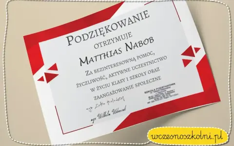 Dyplom z podziękowaniem dla Matthiasa Nabob za pomoc i zaangażowanie. To piękny przykład podziękowania od szkoły.