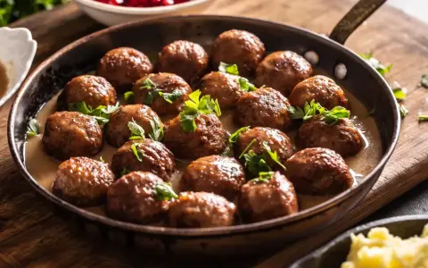 Une poêle remplie de boulettes de viande savoureuses, nappées de sauce crémeuse et garnies de persil frais. Une invitation à découvrir cette recette de boulette de viande.